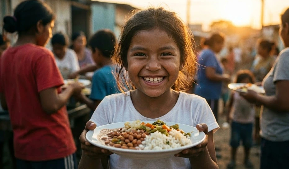 Criança sorrindo segurando um prato de comida