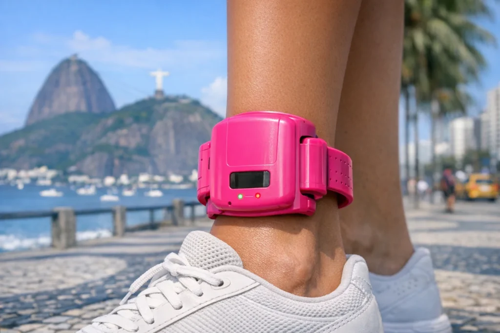 Tornozeleira rosa para agressores de mulheres no Brasil
